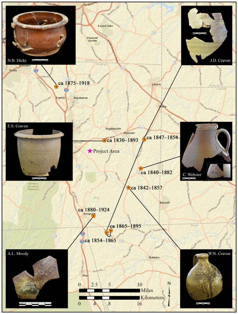 Figure: Map Showing Location of Kilns for Identified Potters in Relation to the Trogdon-Squirrel Creek Site.